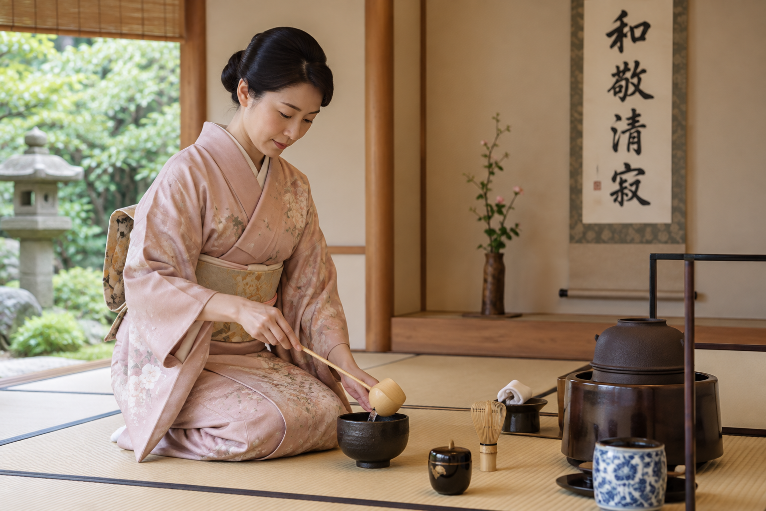 Woman in kimono performing traditional tea ceremony in Japanese tatami room