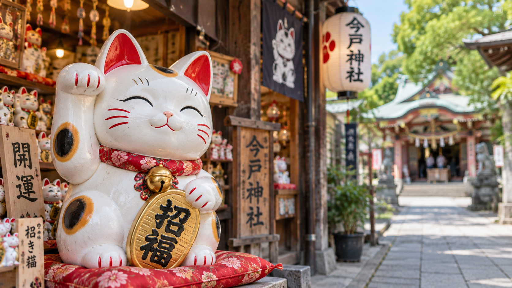 Maneki-neko statues displayed at Imado Shrine Tokyo Japan