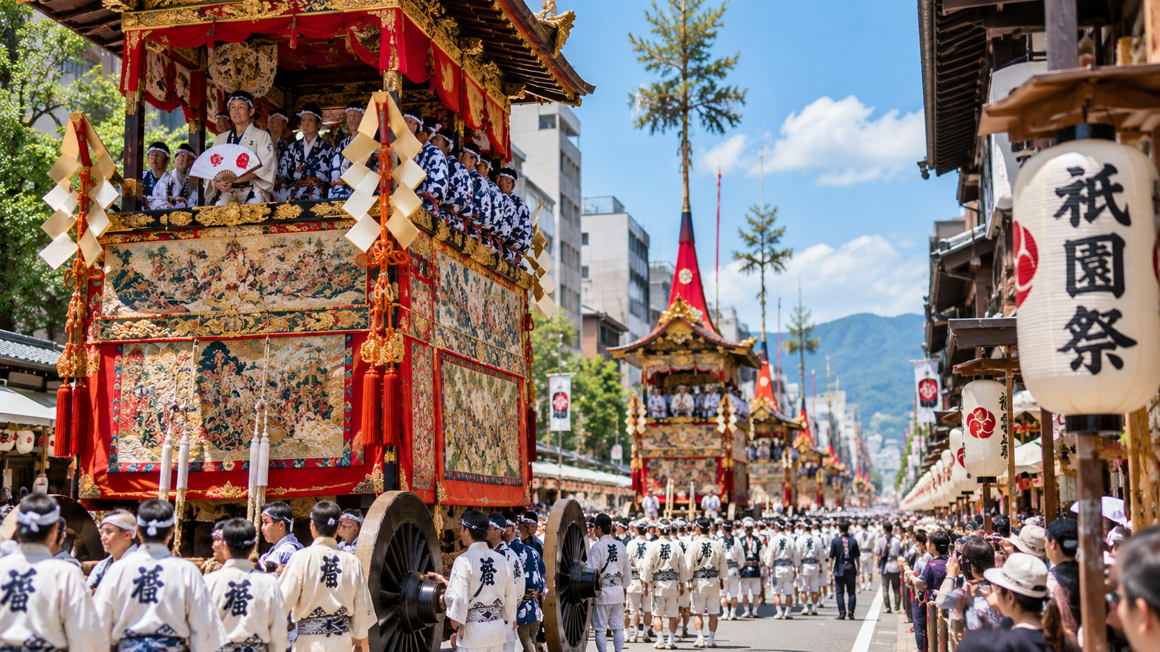 Gion Matsuri parade with ornate floats and crowds in Kyoto Japan