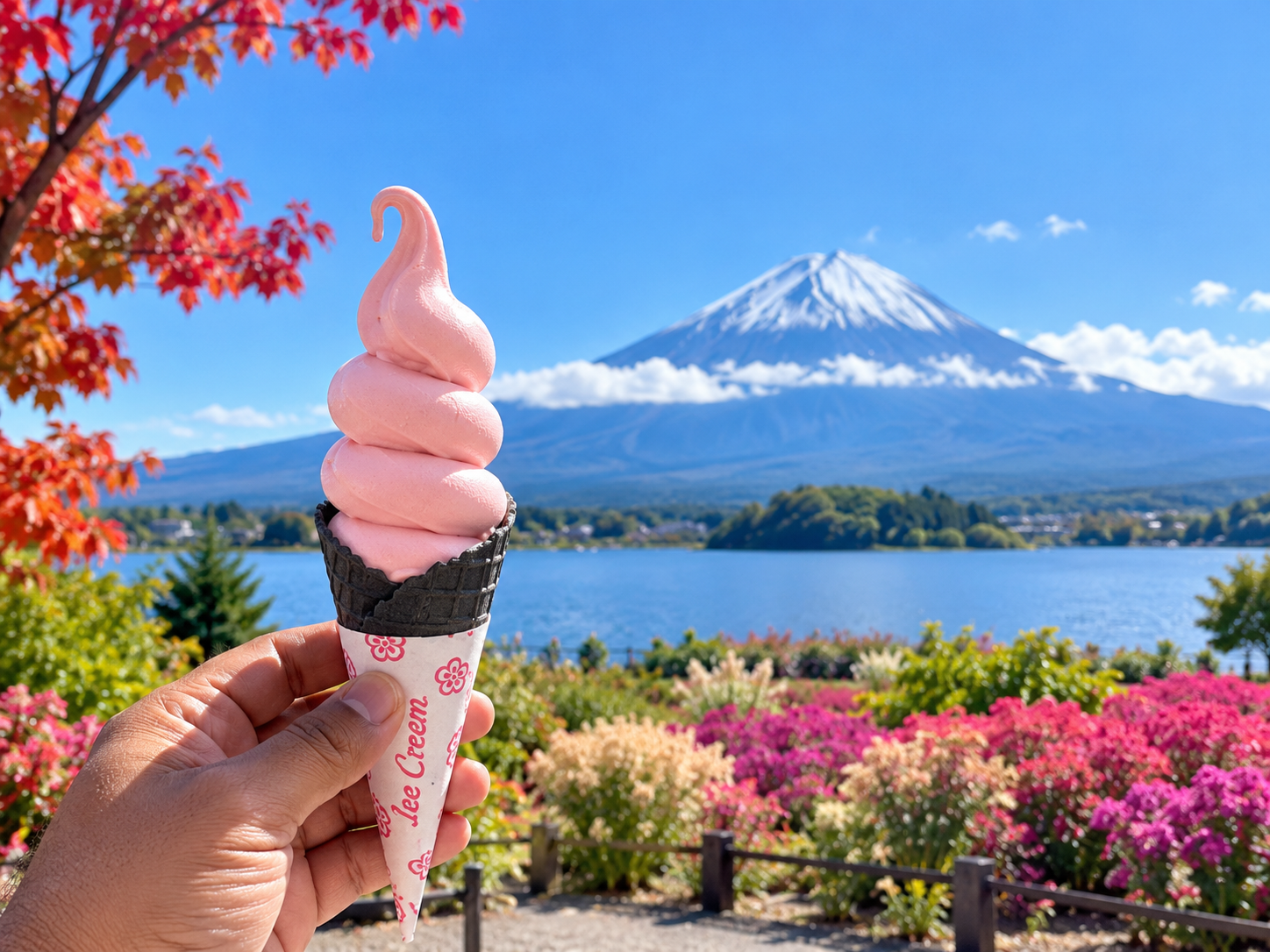 Hand holding pink ice cream cone with Mt Fuji and Lake Kawaguchi Japan in background
