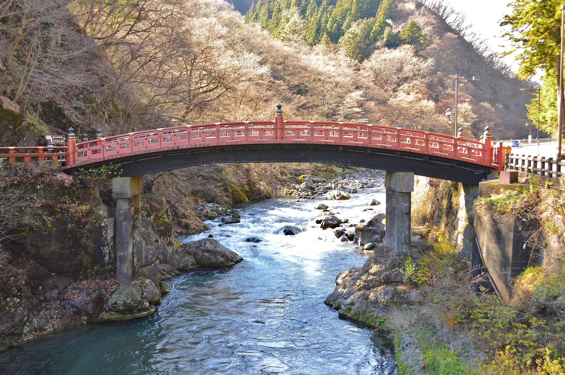 Shinkyo Bridge vermilion arch over the Daiya River in Nikko