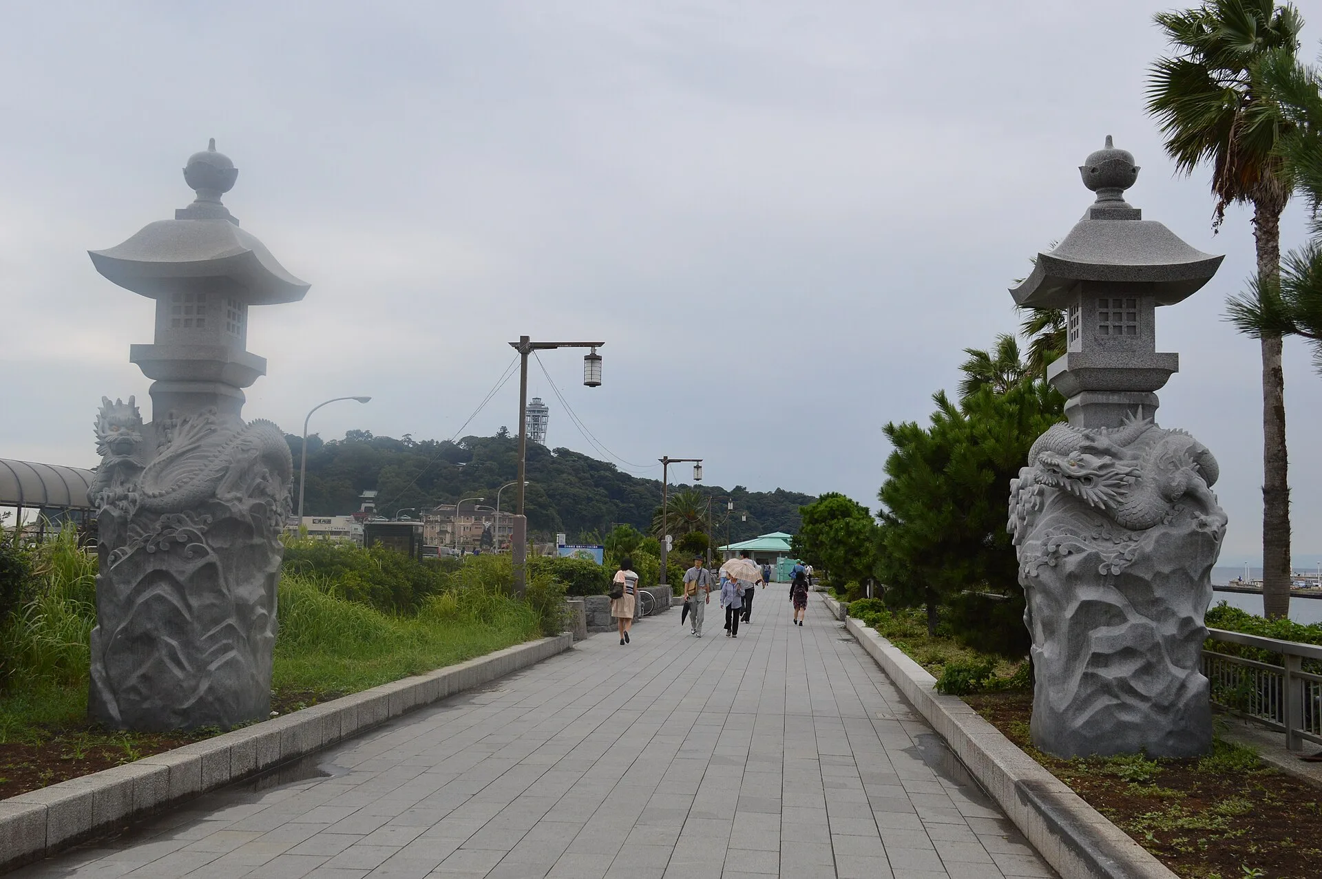 The pedestrian Benten Bridge stretching from the Katase shore out to Enoshima island